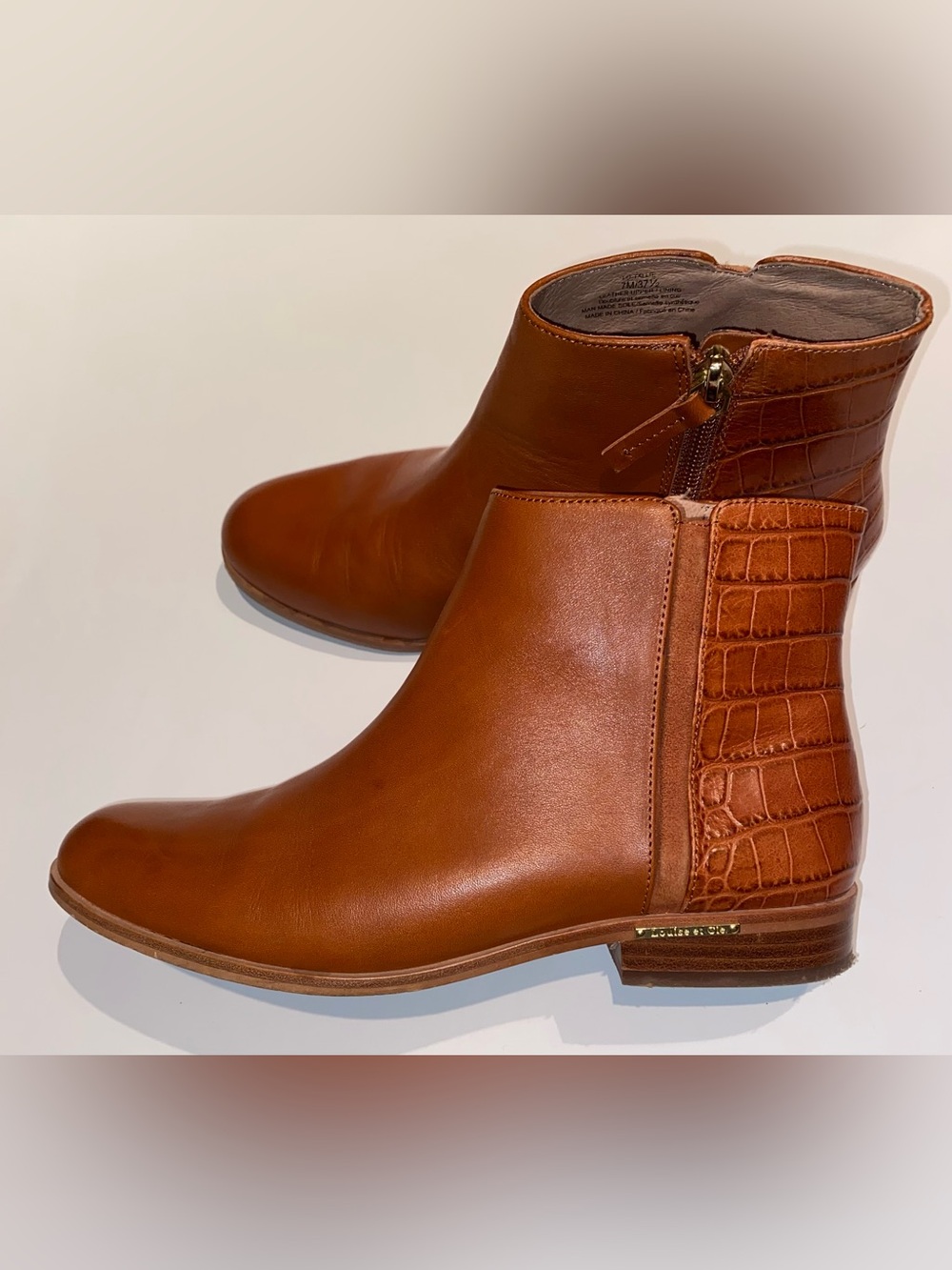 Louise et Cie Cognac Leather Ankle Booties with Croc-Embossed Heel and side zip